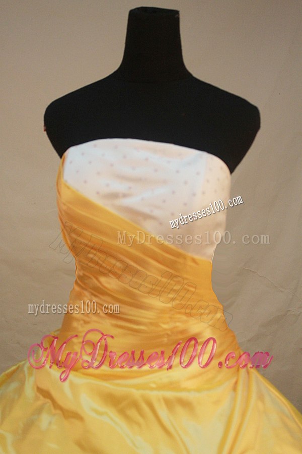 White and Yellow Taffeta Quince Dresses with Flower Corset Back